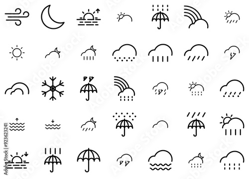 Set Of Linear Weather Line Icons Collection Isolated Silhouette Solid Icons Including Rain,Sky,Weather,Cloud,Cloudy Solid Icon Collection. Vector Illustration