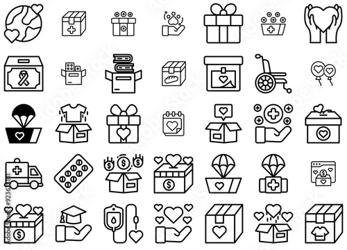 Set Of Linear Valentine Icons Web Header Banner Design Containing Help,Charity,Donate,Box,Donation Pictograms And Infographics Design Elements Vector Illustration