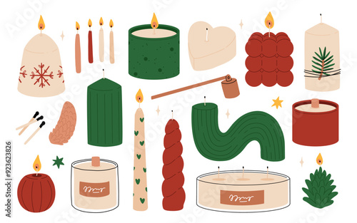 Candles. Vector set of paraffin or wax candles with fire. Festive decoration for Christmas, Advent, Birthday, Halloween, New Year, Festival. Simple vector illustration. Flat trendy abstract style.
