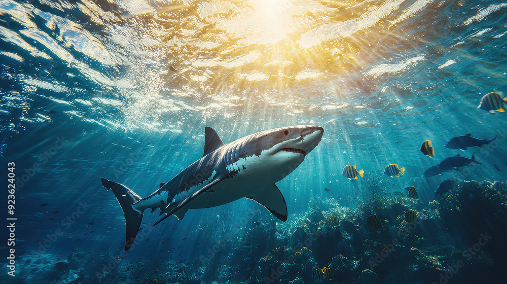 Obraz premium A powerful great white shark glides gracefully through the ocean, its sleek body cutting through the water, with beams of sunlight shining from above, illuminating the marine scene.