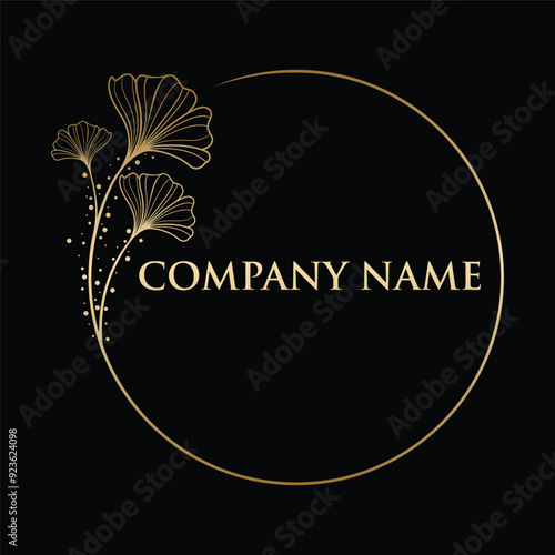 circle Icon with Gingko Leaf  Black gold logo design template, Silhouette vector ilustration