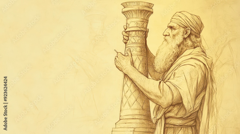 Fototapeta premium Exodus:Bezalel and Oholiab,Bezalel Creating Intricate Lampstand with Perfect Details as per God's Instructions - Biblical Illustration, Bible Wall Art, Beige Background