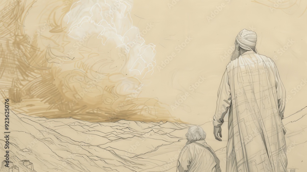 Fototapeta premium Exodus:God's Promise to Moses,Bible Wall Art of God Showing Moses Vision of Promised Land, Milk and Honey, Moses in Amazement, Biblical Illustration with Beige Background