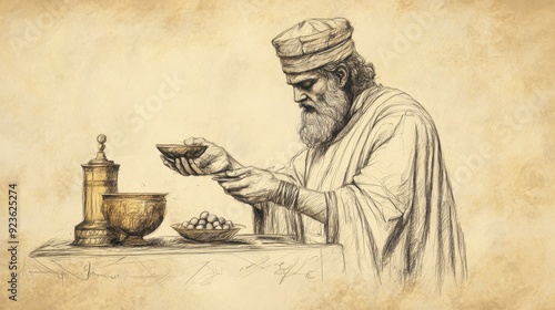 Exodus:Offerings for the Sanctuary,Offerings for Sanctuary: High Priest Inspects Precious Stones for Sacred Garments - Biblical Illustration, Bible Wall Art, Beige Background photo