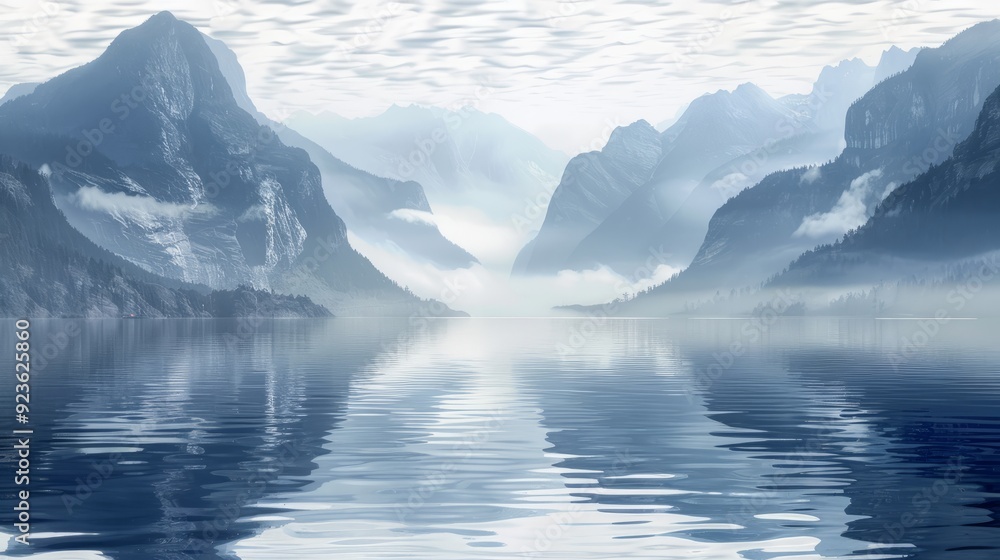 Misty mountain landscape with calm waters reflecting the cloudy sky during dawn