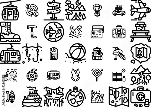 A Collection Of Travel Outline Isolated Silhouette Solid Icons With Transport,Travel,Nature,Transportation,Camping Vector Icons Illustration Collection