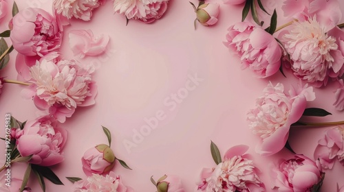 Peony blossoms arranged in a rectangular frame formation on a light pink background, creating a charming and romantic setting ideal for greeting cards, invitations, and social media posts.