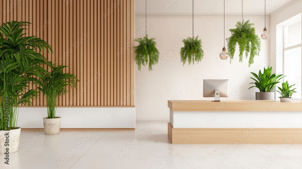 Modern reception area with wooden accents and indoor plants. Modern reception area with wooden accents and indoor plants.