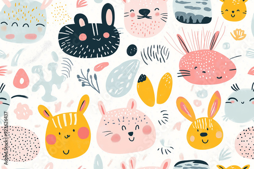 A whimsical seamless pattern featuring cute animal faces in pastel colors on a white background. Perfect for children's products, nursery decor, or playful designs. photo