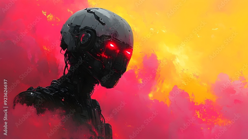 Dystopian Mechanical Character with Vibrant Backdrop and Intense Mood Dystopian Mechanical Character with Vibrant Backdrop and Intense Mood