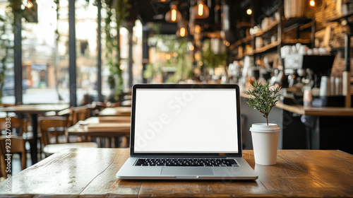 Laptop with a blank screen on a wooden cafÃ© table, with a warm coffee shop ambiance in the background, ready for your text advertisement.
