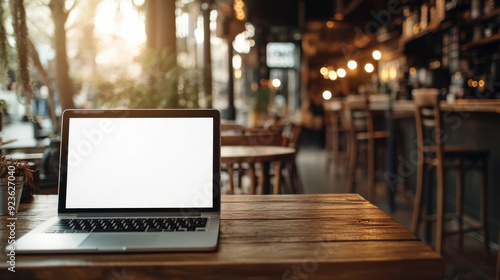 Laptop with a blank screen on a wooden cafÃ© table, with a warm coffee shop ambiance in the background, ready for your text advertisement.