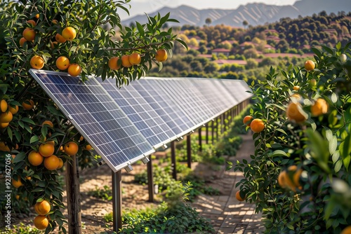 Solar-Powered Orchard. Solar panels among orange trees with mountains in background showcase sustainable agriculture. photo