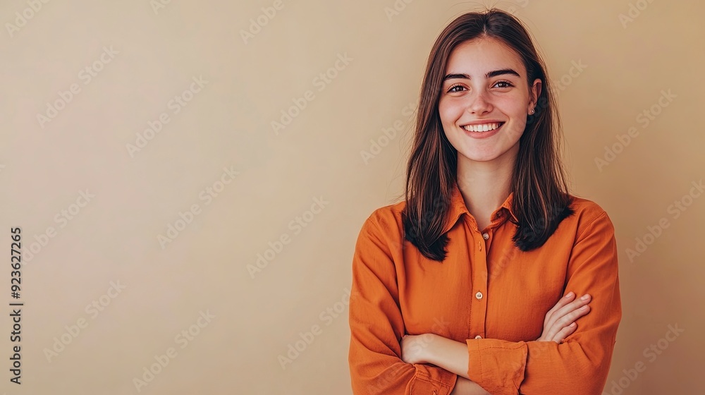 young smiling Caucasian woman she wear orange shirt casual clothes hold hands crossed folded look camera isolated on plain pastel light beige background. Lifestyle concept. Generative ai young smiling Caucasian woman she wear orange shirt casual clothes hold hands crossed folded look camera isolated on plain pastel light beige background. Lifestyle concept. Generative ai