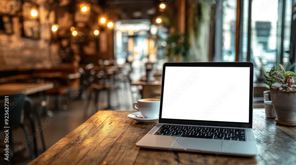 Laptop with a blank screen on a wooden café table, with a warm coffee shop ambiance in the background, ready for your text advertisement. Laptop with a blank screen on a wooden café table, with a warm coffee shop ambiance in the background, ready for your text advertisement.
