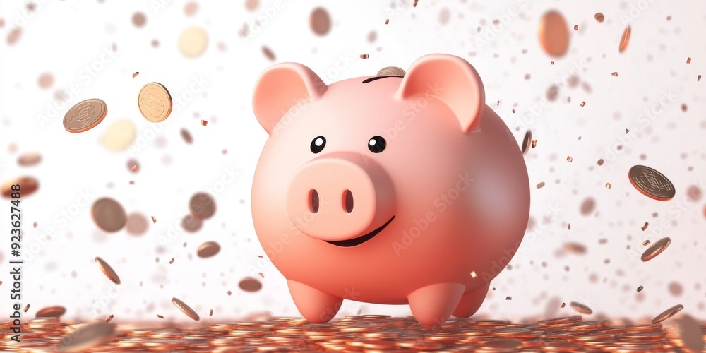 Adorable Pink Piggy Bank with Falling Coins, Symbolizing Savings and Prosperity on a Pristine Background. Adorable Pink Piggy Bank with Falling Coins, Symbolizing Savings and Prosperity on a Pristine Background.