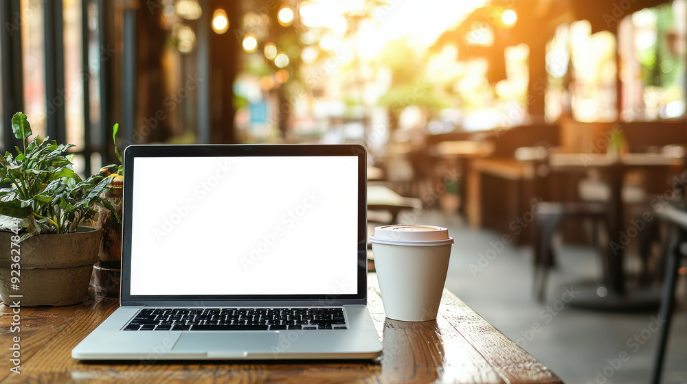 Laptop with a blank screen set on a wooden table, surrounded by a stylish coffee shop setting, ready for your text ad. Laptop with a blank screen set on a wooden table, surrounded by a stylish coffee shop setting, ready for your text ad.