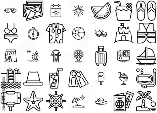 Set Of Linear Summer Icons Web Header Banner Design Containing Beach,Trip,Clothes,Summer,Travel Outline Icons Collection. Simple Vector Illustration