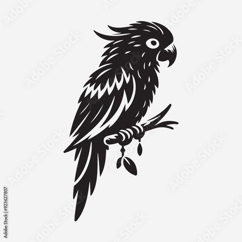 A striking vector illustration of a cockatoo perched majestically, its intricate plumage rendered in elegant black and white. 