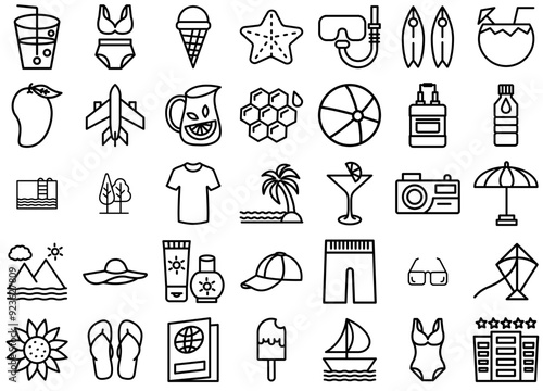 Set Of Linear Summer Isolated Silhouette Solid Icons With Food,Water,Travel,Vacation,Beach Vector Illustration Linear Pictogram Pack