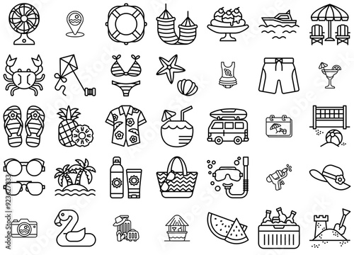 Set Of Linear Summer Tropical Beach Isolated Silhouette Solid Icons With Summer,Sea,Holiday,Beach,Travel Business Infographic Elements Logo Vector Illustration