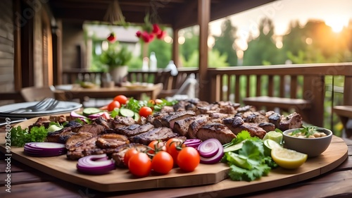 Delicious Grilled Barbecue Meat, Fresh Vegetables, and Salads at the Backyard Dinner TableOn the house porch, celebrating and having a good time in the background photo