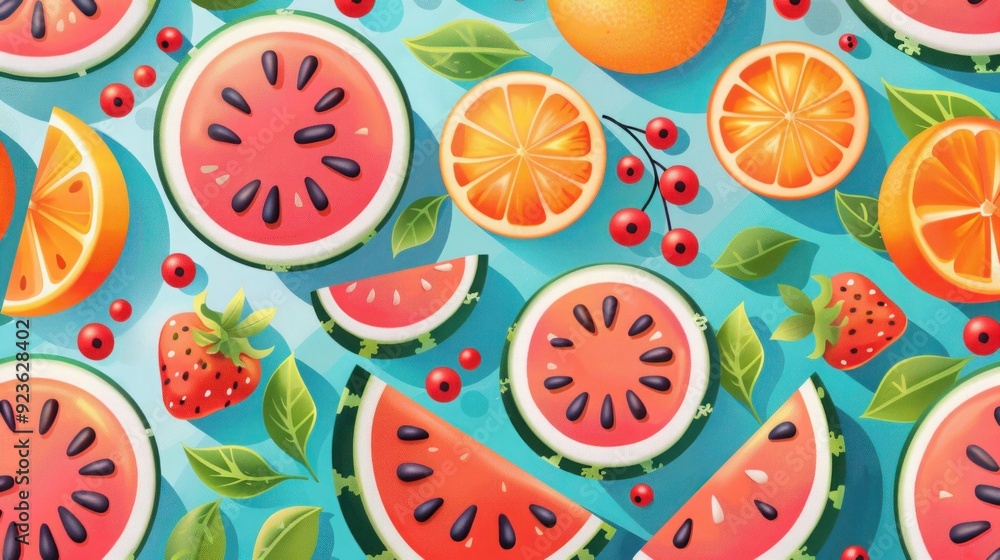 Bright and colorful mixed fruit pattern with watermelon, oranges, and berries Bright and colorful mixed fruit pattern with watermelon, oranges, and berries