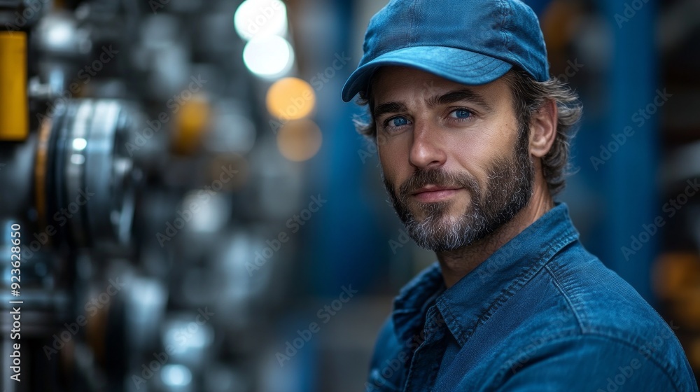 A confident man wearing a cap gazes thoughtfully amidst machinery, exuding calmness in a softly lit environment A confident man wearing a cap gazes thoughtfully amidst machinery, exuding calmness in a softly lit environment
