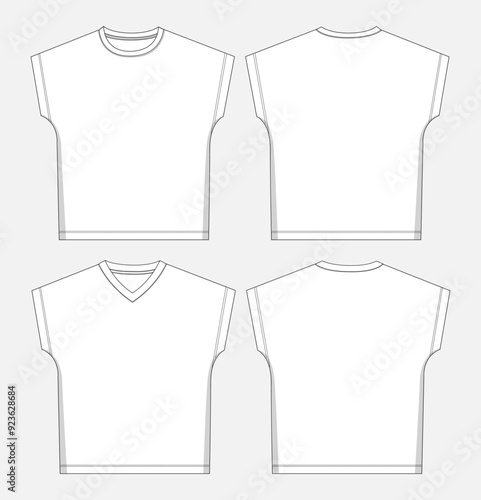 Sleeveless t shirt tops technical drawing fashion flat sketch vector illustration template for kids