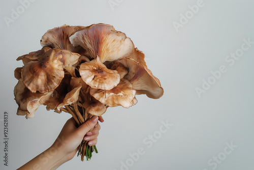 Hand holding unique bouquet of brown mushroom flowers minimalist nature inspired rustic botanical concept florist mushroom farmer sustainable natural decor copy space modern organic boho bridal weddin photo