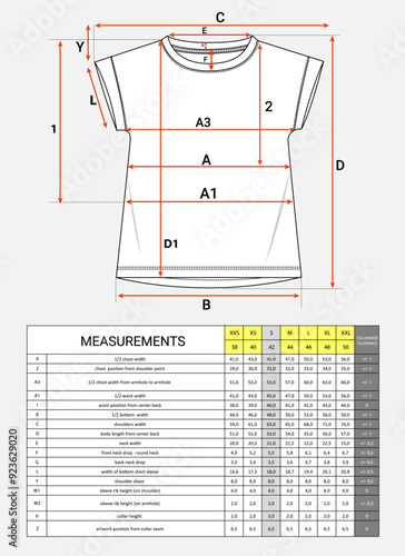 T shirt  tops measurements chart details vector illustration