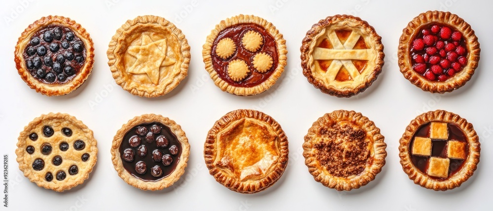 An assortment of nine mini pies with various fruit fillings An assortment of nine mini pies with various fruit fillings
