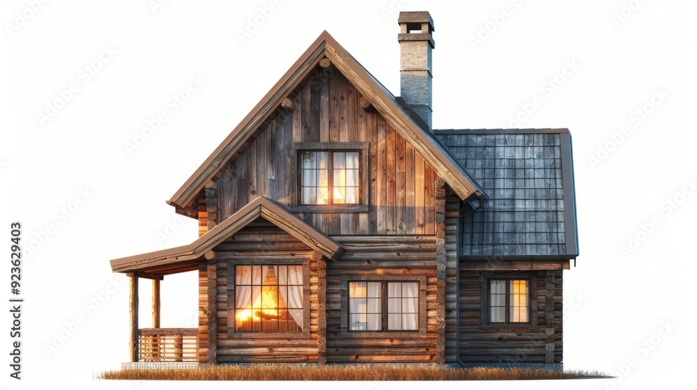 Cozy wooden cabin with a warm glow during sunset in a rural setting Cozy wooden cabin with a warm glow during sunset in a rural setting