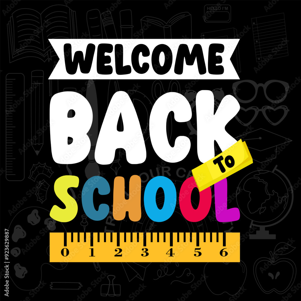 Fototapeta premium Back to School design, education, learning, students, teachers, classroom, school supplies, colorful typography, school decor, kids, stationery, school banner, poster, teacher gift, academic year.