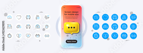 Phone mockup with 3d chat icon. Wedding rings, My love and Love glasses line icons. Pack of Heart, Heartbeat timer, Break up icon. Lgbt, Dating chat, Honeymoon travel pictogram. Vector