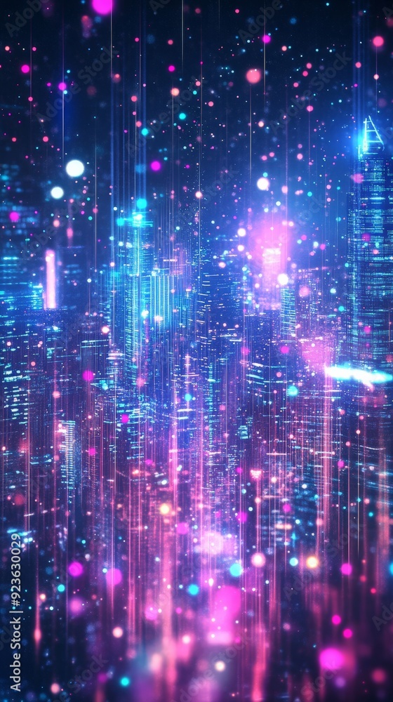 Colorful abstract digital art with bright neon lights resembling a futuristic cityscape. High resolution for creative design projects. Colorful abstract digital art with bright neon lights resembling a futuristic cityscape. High resolution for creative design projects.