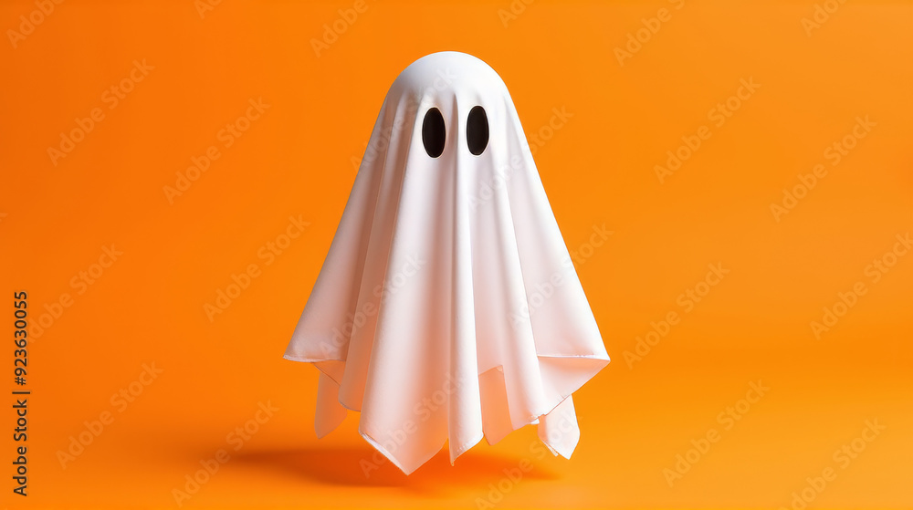 A simple ghost costume made of a white sheet with black eye holes, floating against a bright orange background, embodying the spirit of Halloween. A simple ghost costume made of a white sheet with black eye holes, floating against a bright orange background, embodying the spirit of Halloween.