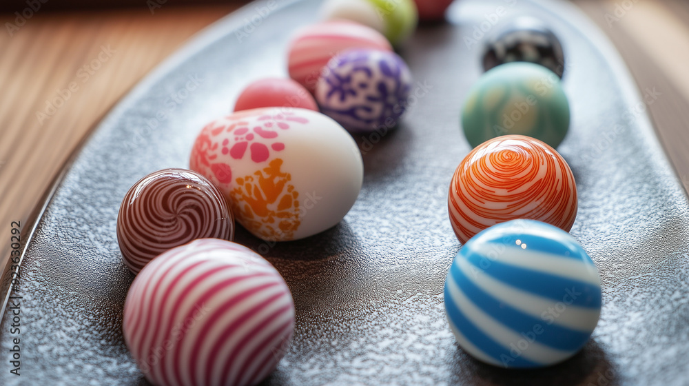 Round candies with themed designs displayed in a straight line on a plate Round candies with themed designs displayed in a straight line on a plate