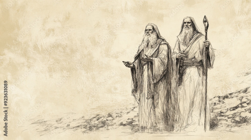 Naklejka premium Exodus:The Plagues Intensify,Firm Moses and Aaron Stand Amidst Chaos to Deliver God's Message - Biblical Illustration, Bible Wall Art, Beige Background - Plagues of Exodus