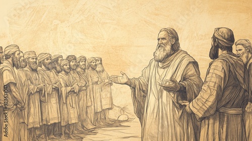 Exodus:Jethro's Visit,Sense of Peace and Respect as Jethro Blesses Moses and Israelites Before Leaving - Biblical Illustration, Bible Wall Art, Beige Background - Jethro's Visit photo