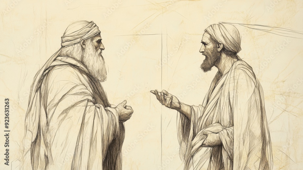 Fototapeta premium Exodus:Laws About Property,Moses Mediates Property Dispute Between Two Israelites, Ensuring Fair Resolution - Biblical Illustration, Bible Wall Art, Beige Background - Laws About Property