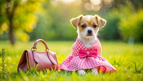 Adorable playful puppy wearing a bright pink dress with white polka dots, sitting on a soft green grass lawn with a tiny handbag by its side. photo