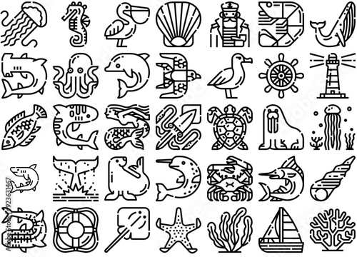 Mega Set Of Vector Sea Outline Icons Web Header Banner Design Containing Aquatic,Sea,Animal,Ocean,Marine-Animal Pictograms And Infographics Design Elements Vector Illustration photo