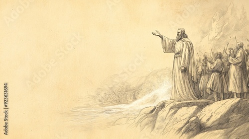 Exodus:Water from the Rock,Flowing Water in Background as Moses Explains God's Miracle to Israelites - Biblical Illustration, Bible Wall Art, Beige Background - Water from the Rock photo