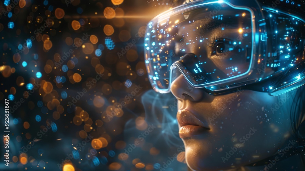 Young woman wearing futuristic goggles surrounded by glowing particles in a dark setting Young woman wearing futuristic goggles surrounded by glowing particles in a dark setting