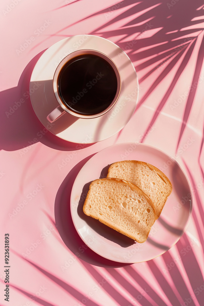 Cup of coffee with bread slices breakfast background. Aesthetic food photo. Cup of coffee with bread slices breakfast background. Aesthetic food photo.