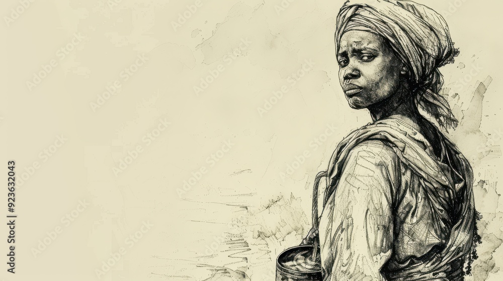 Fototapeta premium Exodus:The Israelites Oppressed,Bible Wall Art of Israelite Woman at Well, Worried Expression, Biblical Illustration, Beige Background