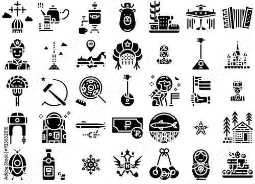 Set Of Linear Russia_Solid Icons Web Header Banner Design Containing Russia,Food,Instrument,Russian,Music Vector Icons Illustration Collection