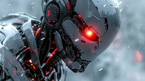 Futuristic robot with glowing red eye in abstract environment at dawn