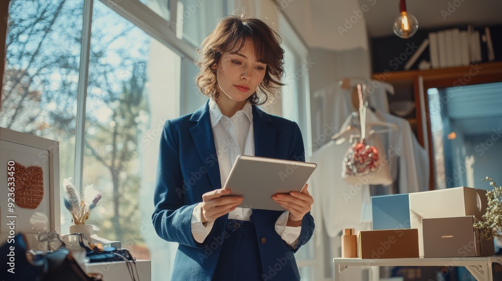 The woman intently examines her tablet amid a well-decorated office The woman intently examines her tablet amid a well-decorated office